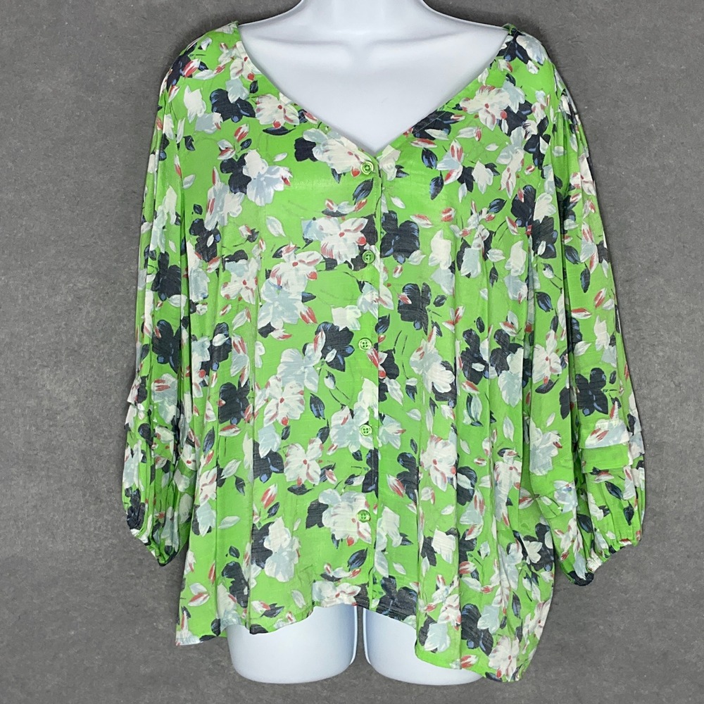Hope & Harlow Floral Blouse Button Down 3/4 Sleeve Green Top XL